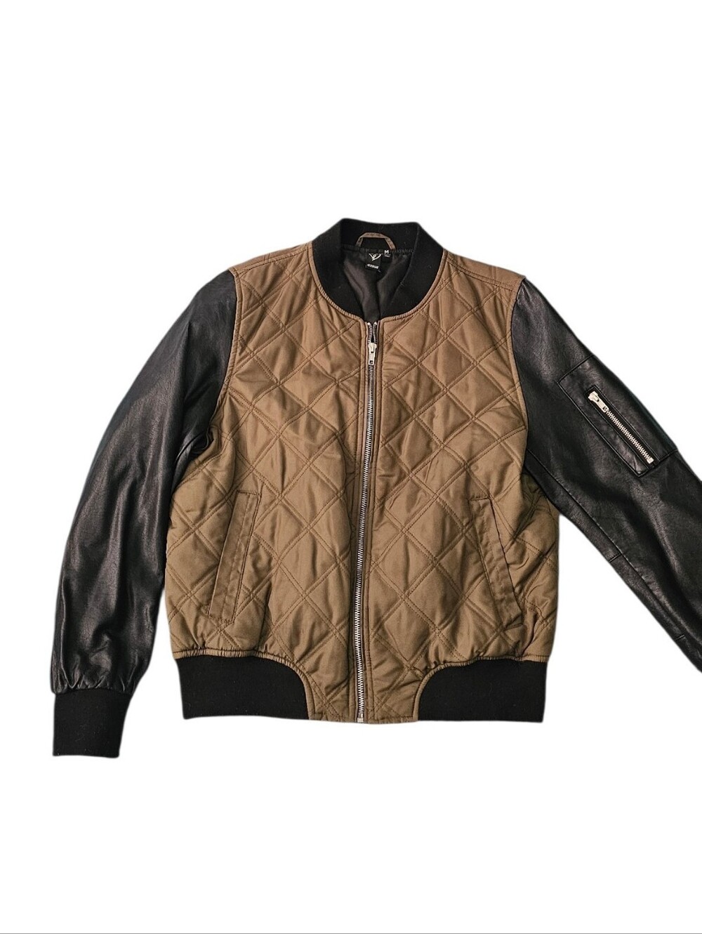 Windsor Quilted Olive gree  Bomber Jacket with Faux Leather Sleeves